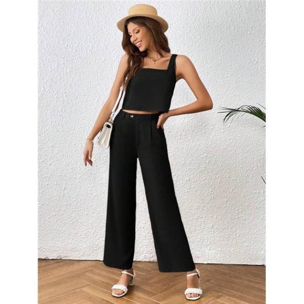 Solid Color Crop Top And Long Pants Vacation Woven Two Piece Set - Picture 4 of 5